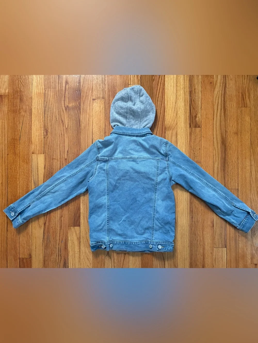 Old Navy Blue Light Wash Denim Button Jacket Gray Fleece Hood Kids XL 14/16